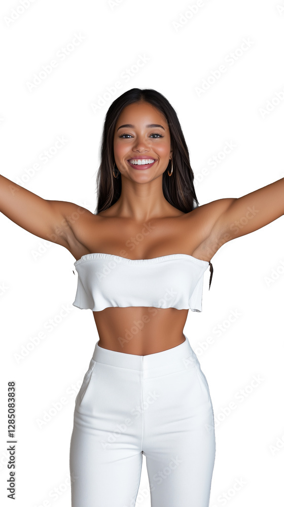 Obraz premium Smiling woman in white outfit with arms raised on transparent background