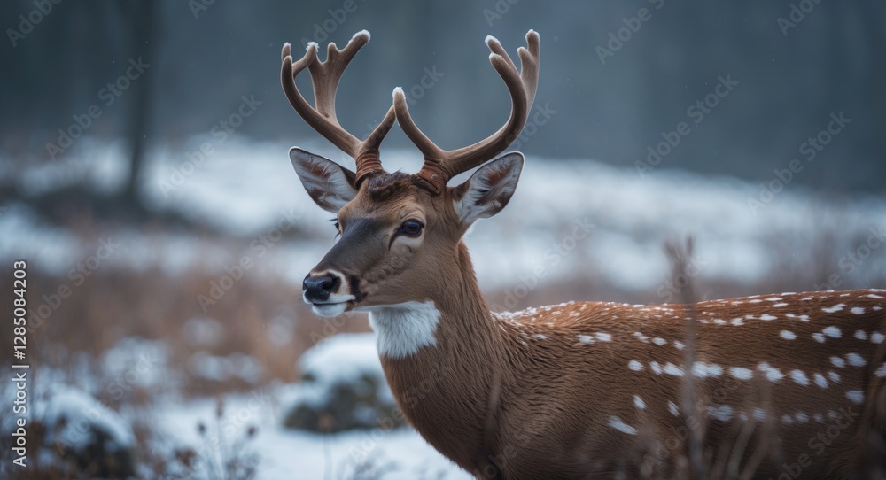 depiction of a deer in a snowy environment. Deer amidst natural surroundings. Cervus elaphus. Horned creature in its forest habitat. depiction of a deer in a snowy environment. Deer amidst natural surroundings. Cervus elaphus. Horned creature in its forest habitat.