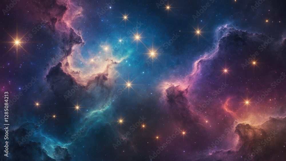 Fototapeta premium Colorful cosmic marble backdrop featuring a nebula and shining stars