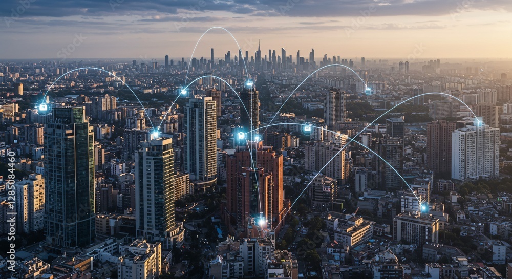 Naklejka premium Future City Skyline with Digital Network Connections at Sunset