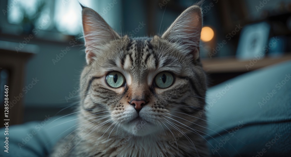 Zoomed-in view of an adorable solo cat indoors Zoomed-in view of an adorable solo cat indoors