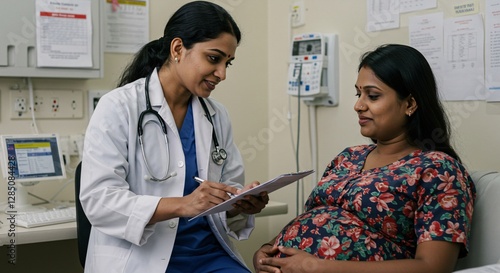 Indian Doctor Consulting Pregnant Patient in Medical Office, Lady Doctor in Hospital