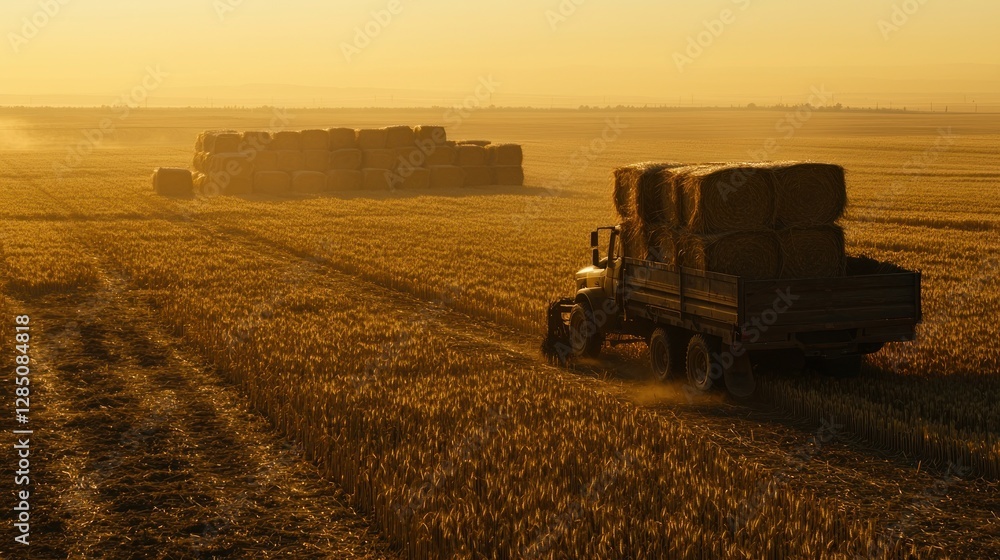 Fototapeta premium Golden Hour Harvest: A Truck Carries Hay Bales Across a Vast Field at Sunset