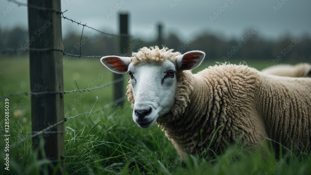 Obraz premium Sheep grazing on lush grass while leaning through a fence.