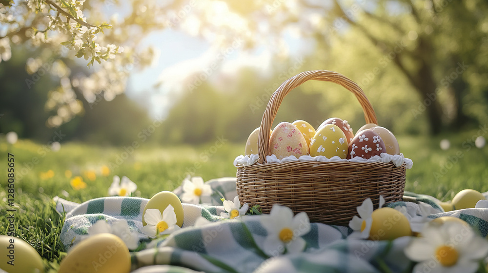 Colorful Easter eggs in basket on picnic blanket outdoors Colorful Easter eggs in basket on picnic blanket outdoors