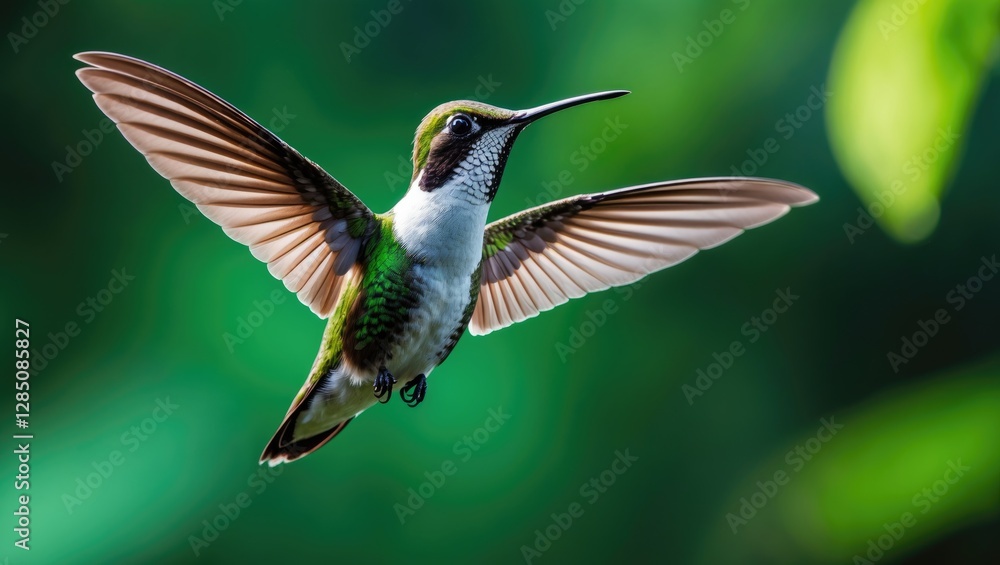 Fototapeta premium Hummingbird in flight, showcasing wing movement. White-bellied Woodstar from Tandayapa, Ecuador, surrounded by a vibrant green backdrop in the tropical forest.
