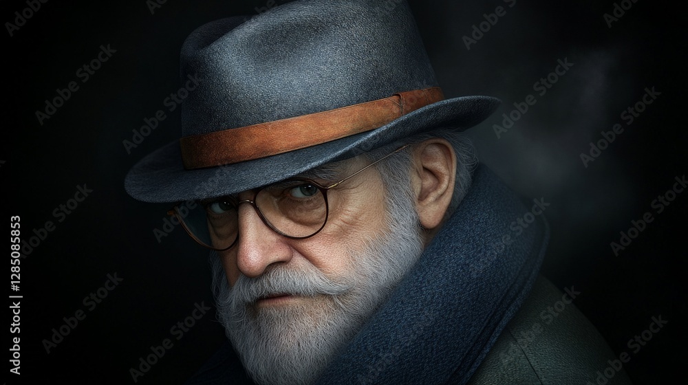 Thoughtful elderly man in gray hat looking with intense gaze Thoughtful elderly man in gray hat looking with intense gaze