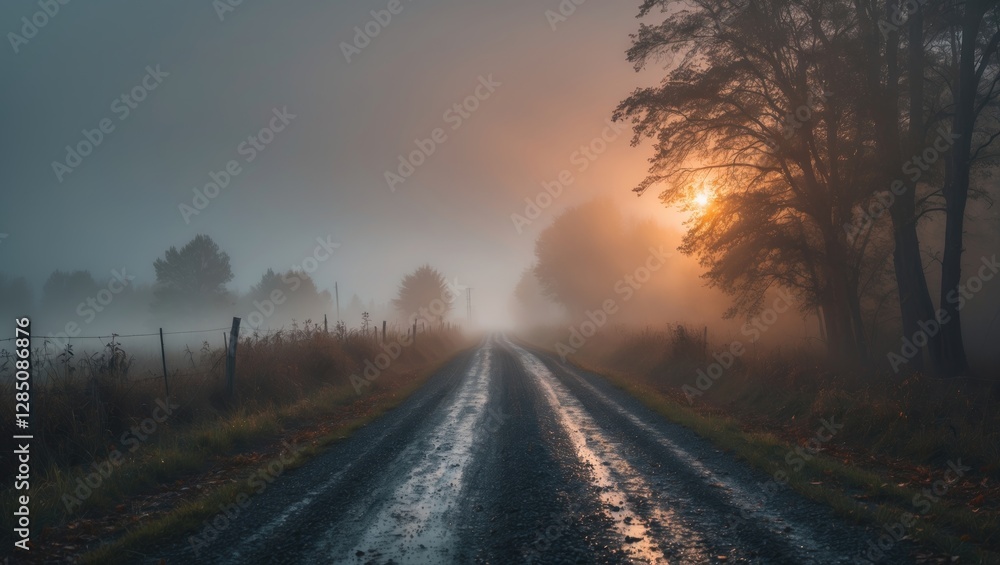 Gravel path winding towards mist and dawn - serene fall morning in the countryside Gravel path winding towards mist and dawn - serene fall morning in the countryside