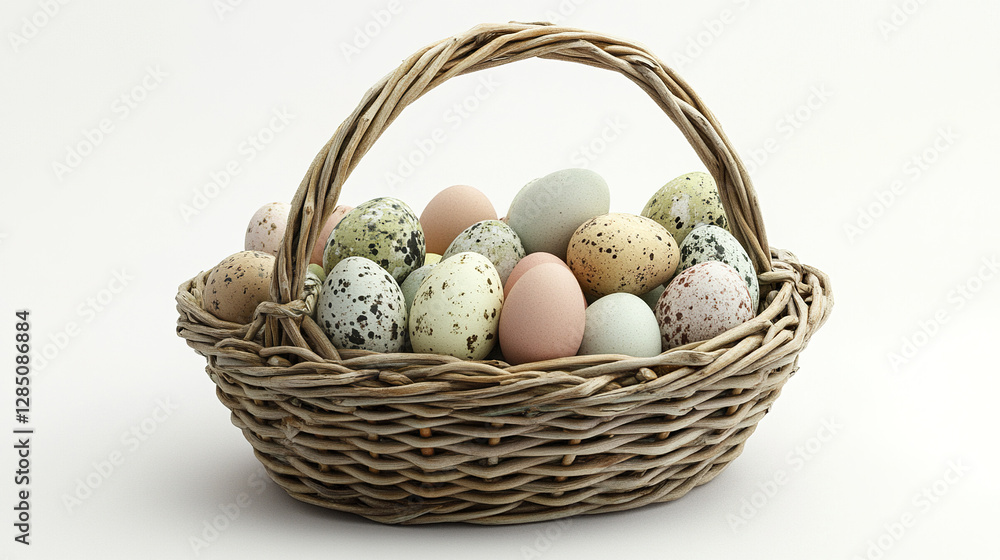 Basket with pastel and speckled eggs on white background Basket with pastel and speckled eggs on white background