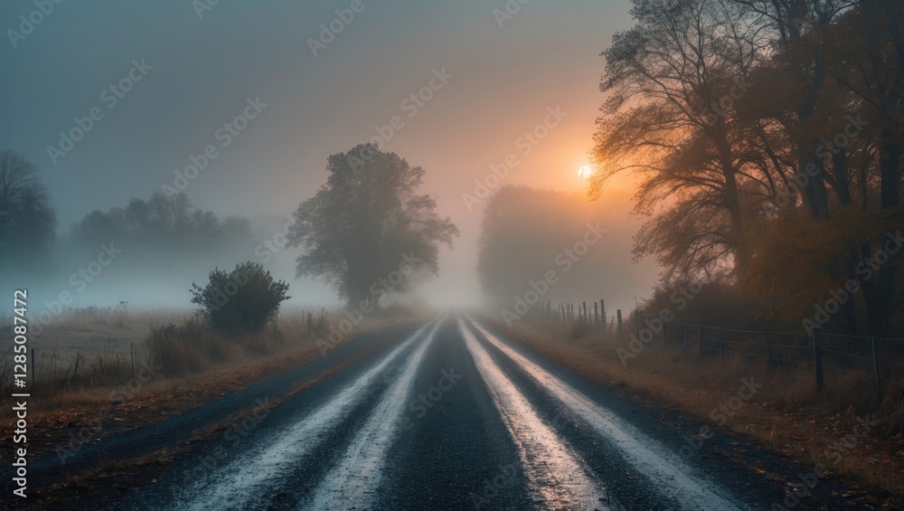 Country road surrounded by fog and sunrise - serene autumn morning in a rural setting Country road surrounded by fog and sunrise - serene autumn morning in a rural setting
