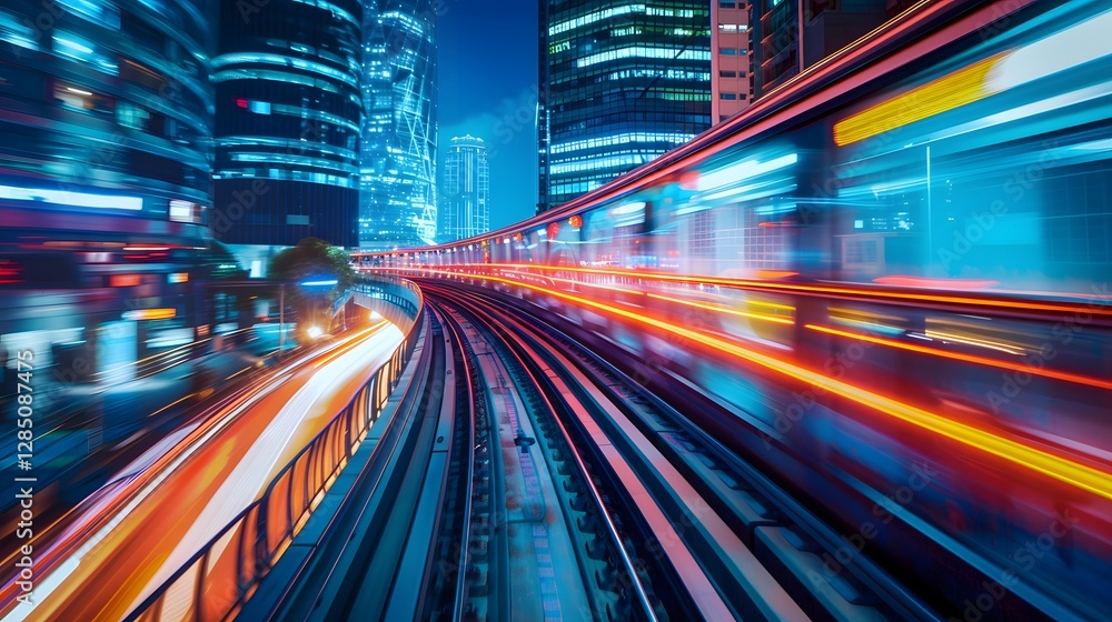 Low-angle shot of glowing futuristic trains racing through a neon-lit cityscape, cinematic sci-fi energy Low-angle shot of glowing futuristic trains racing through a neon-lit cityscape, cinematic sci-fi energy