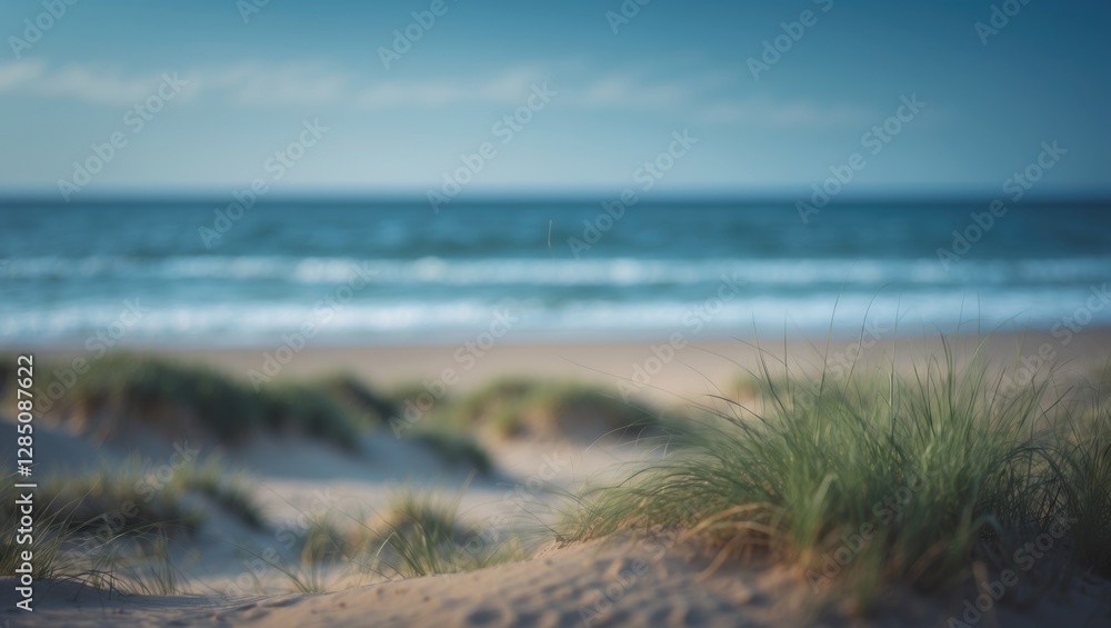 Coastal panorama featuring sand dunes and grass with a blurred blue sky, ideal for summer-themed screensavers, wallpapers, or as a backdrop for advertisements, offering space for text. Coastal panorama featuring sand dunes and grass with a blurred blue sky, ideal for summer-themed screensavers, wallpapers, or as a backdrop for advertisements, offering space for text.