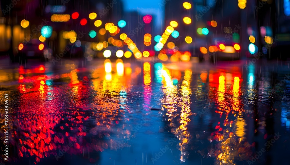 Fototapeta premium Eye-level shot of glowing neon reflections on a rainy urban street at night, cinematic vibrant energy