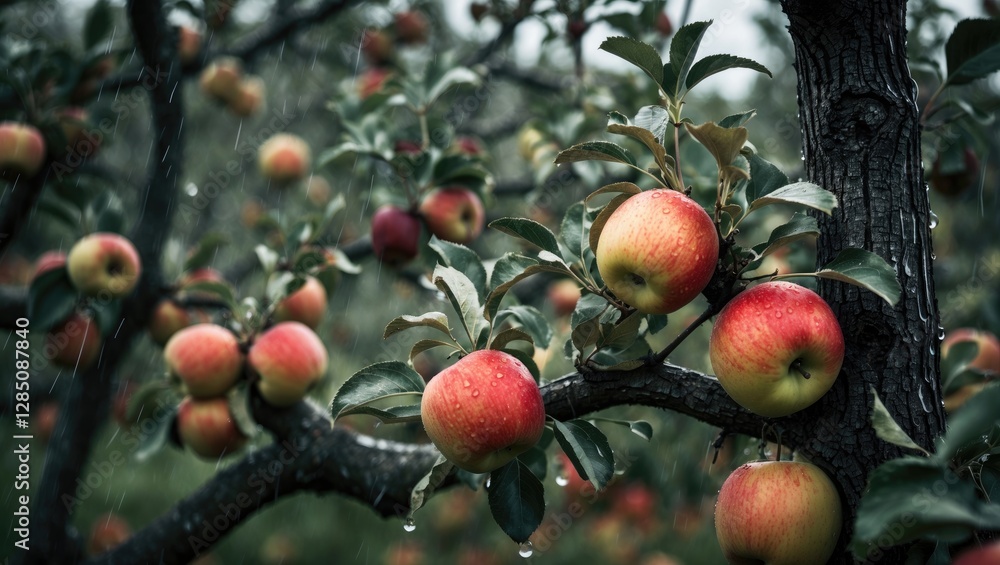 Detailed image of an apple tree featuring immature apples during the apple harvesting season captured following a light rain. Detailed image of an apple tree featuring immature apples during the apple harvesting season captured following a light rain.