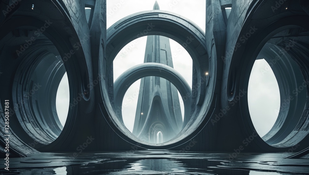 Skyscrapers of the future in an abstract galactic design featuring round arches that serve as gateways to a fantastical world. Skyscrapers of the future in an abstract galactic design featuring round arches that serve as gateways to a fantastical world.