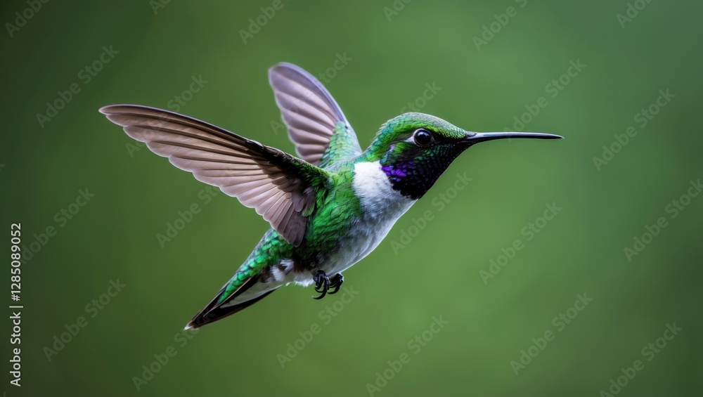 Naklejka premium Violet-eared Green hummingbird (Colibri thalassinus) captured in flight against a green backdrop in Costa Rica.
