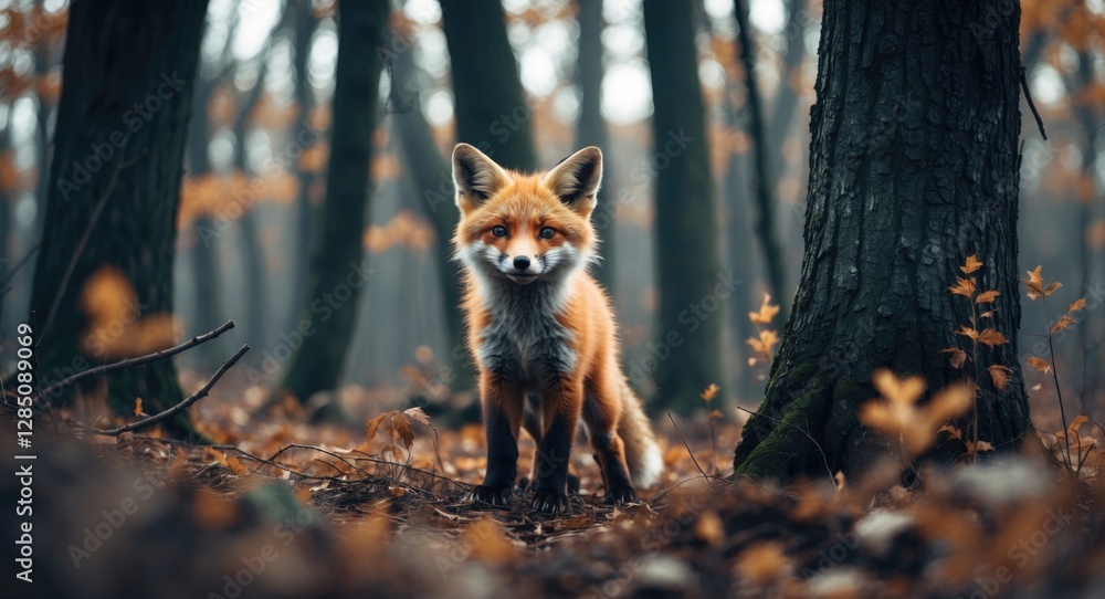 Naklejka premium Charming young fox is upright among the trees. Horizontal view.