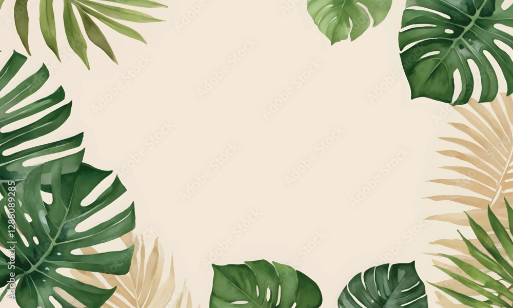 Tropical Botanical Monstera and palm leaves blend seamlessly into an artistic watercolor composition Tropical Botanical Monstera and palm leaves blend seamlessly into an artistic watercolor composition