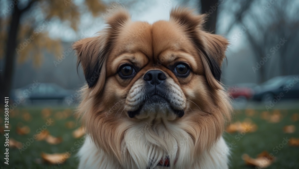 Pekingese dogs are an ancient toy breed from China, often referred to as Lion Dogs because of their likeness to Chinese guardian lions. This image features a close-up of a dog in a park, suitable f... Pekingese dogs are an ancient toy breed from China, often referred to as Lion Dogs because of their likeness to Chinese guardian lions. This image features a close-up of a dog in a park, suitable f...