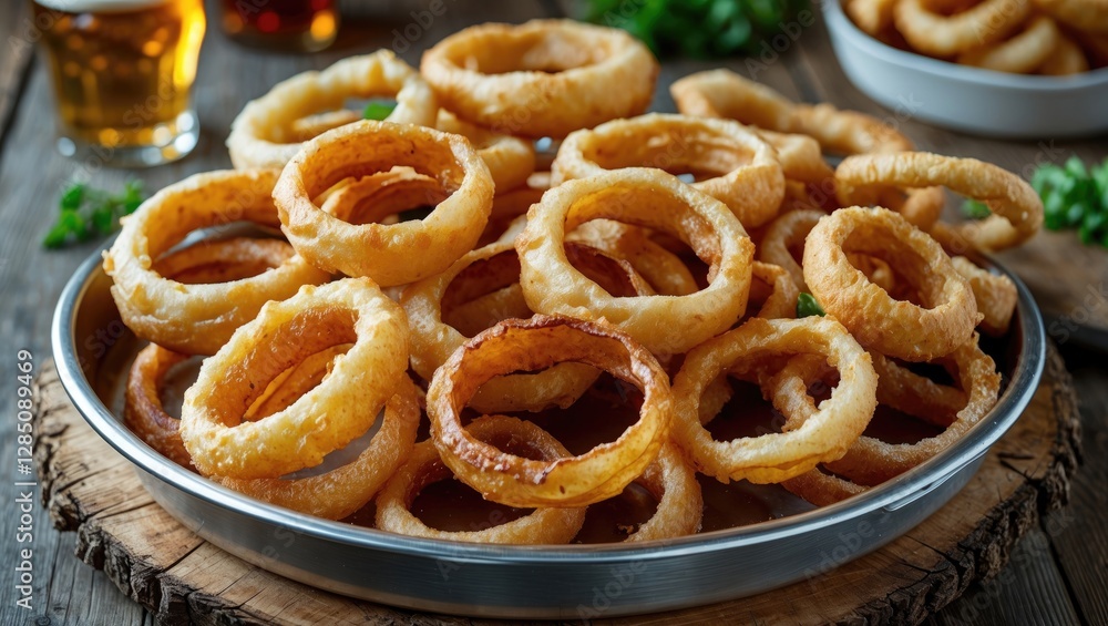 Crispy hot beer-battered onion rings in serving tray Crispy hot beer-battered onion rings in serving tray