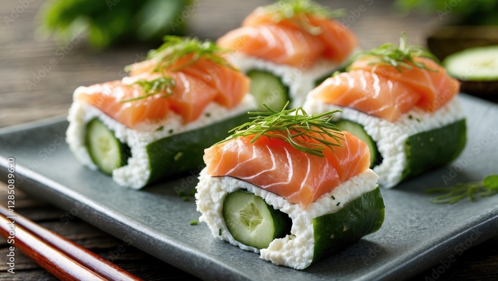 Cucumber and Cream Cheese Sushi Roll with Salmon on Top Cucumber and Cream Cheese Sushi Roll with Salmon on Top
