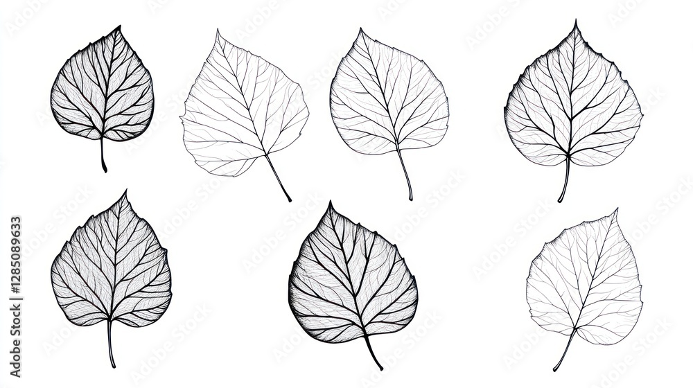 Obraz premium Eight stylized leaves, line art, white background, design element