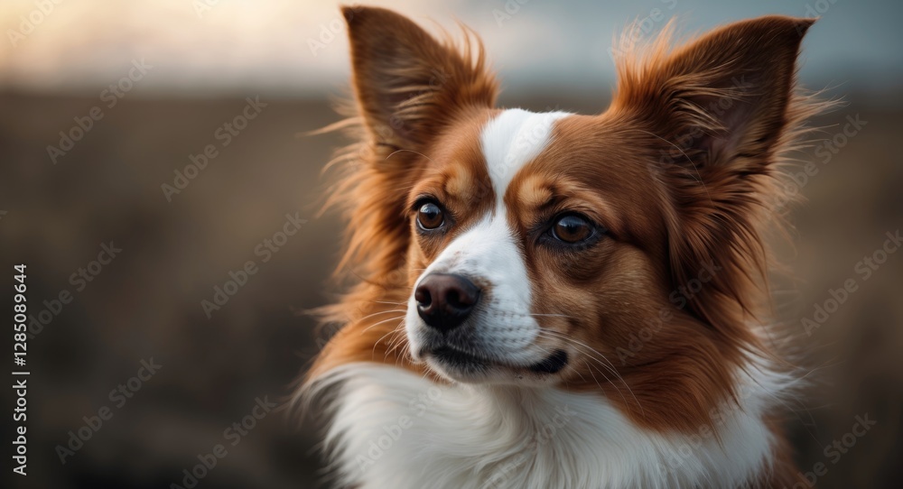 A detailed portrait of a brown and white Papillon dog. A detailed portrait of a brown and white Papillon dog.