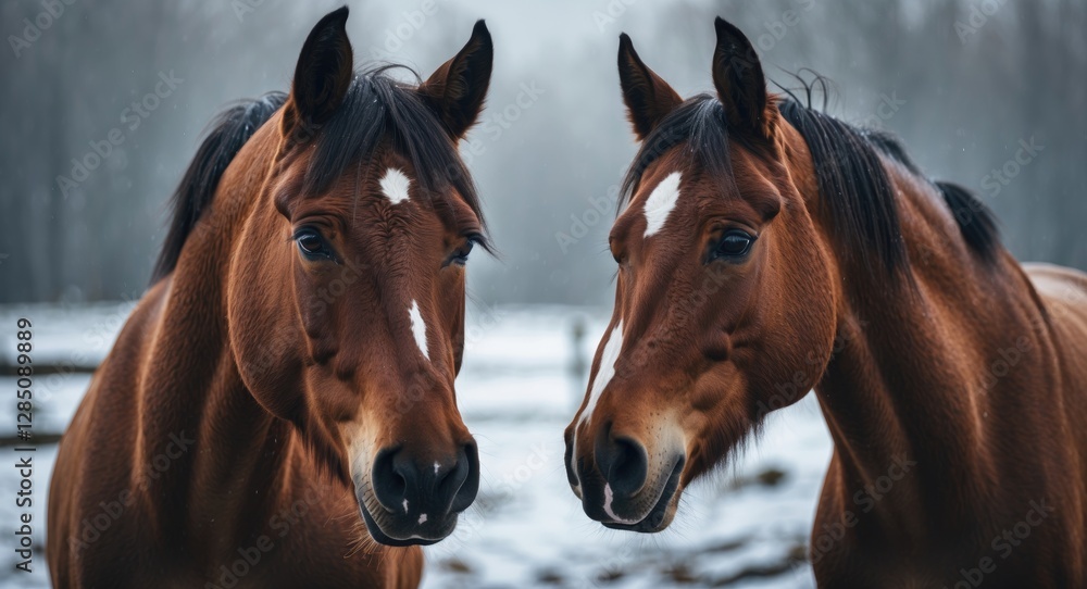 Heads of two horses in a winter landscape Heads of two horses in a winter landscape