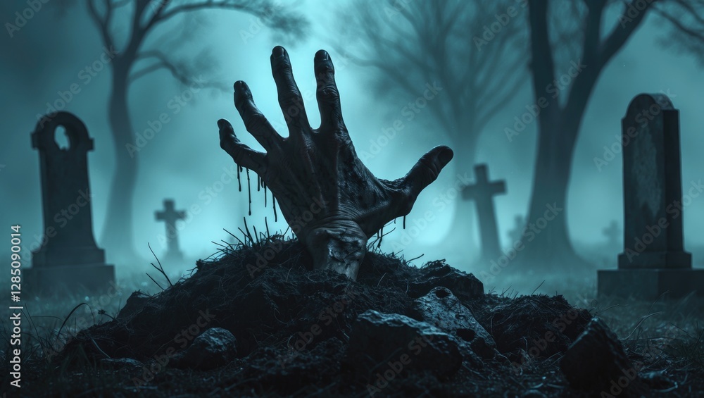 Obraz premium Hand of a zombie emerging from a grave in a foggy nighttime cemetery created with neural network art.