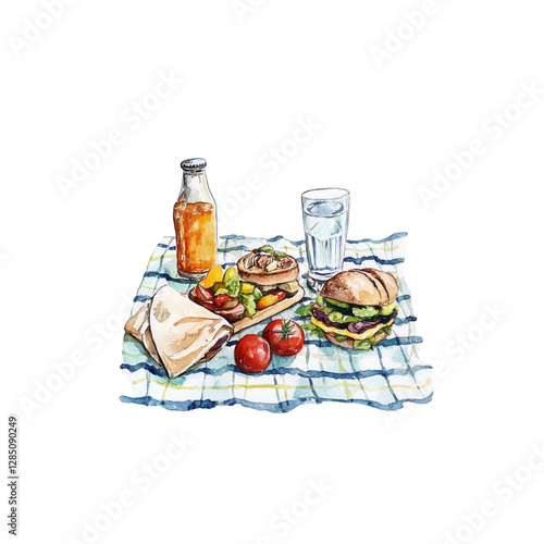Watercolor picnic cloth with sandwiches and drinks on white background.
