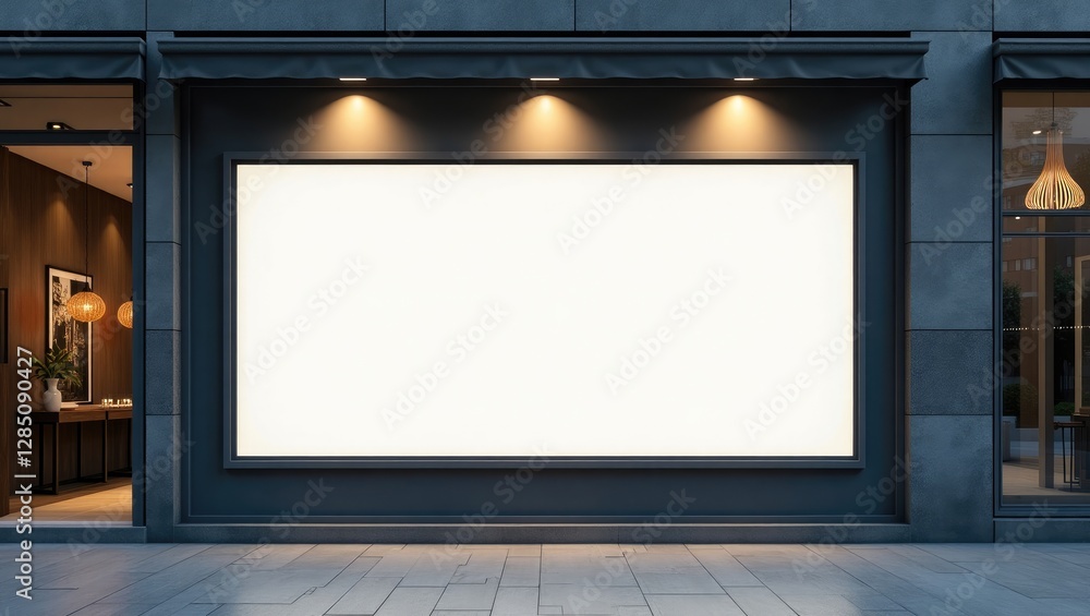 Empty Lightbox sign template in an urban setting, situated on the building facade, available space for showcasing your advertising or branding initiative.