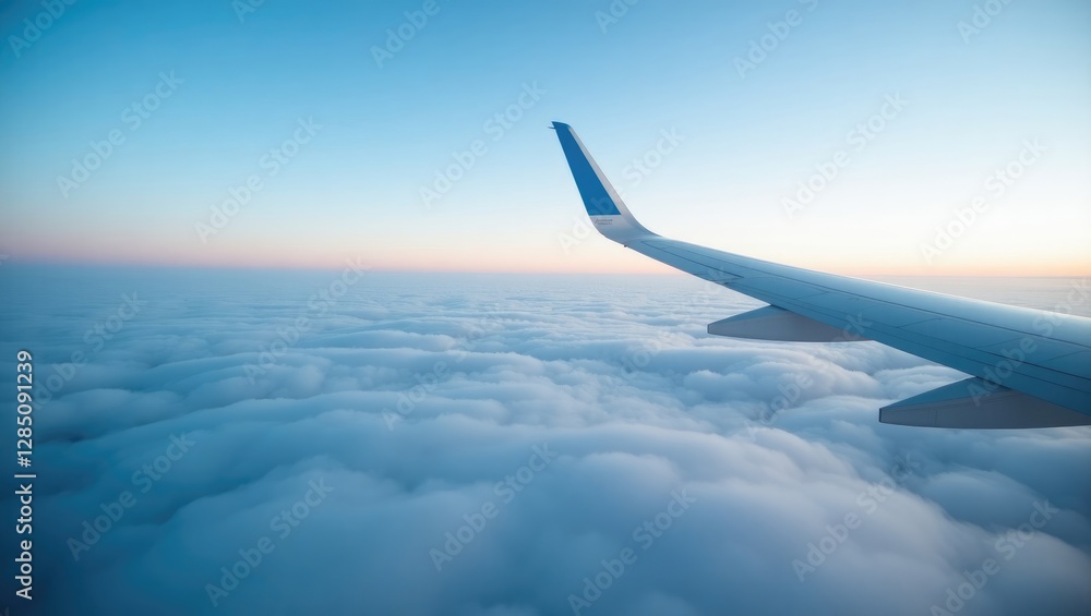 Airplane wing soaring over the clouds Airplane wing soaring over the clouds