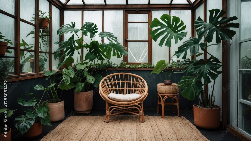 Charming eco-friendly residence featuring an indoor plant space, rattan seating, jute rugs, and a large Monstera Deliciosa houseplant. Sustainable home decor incorporates natural, long-lasting mate... Charming eco-friendly residence featuring an indoor plant space, rattan seating, jute rugs, and a large Monstera Deliciosa houseplant. Sustainable home decor incorporates natural, long-lasting mate...