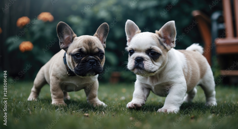 Puppy playtime in the garden featuring a French bulldog and a Shih Tzu. Puppy playtime in the garden featuring a French bulldog and a Shih Tzu.