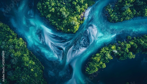 Aerial view of glowing river deltas merging into a crystal-clear sea, cinematic natural elegance