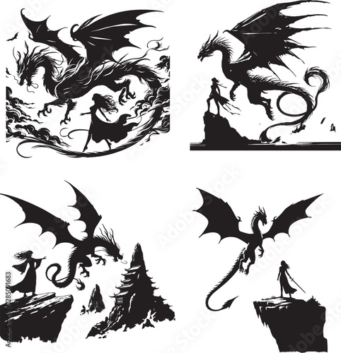 A girl stand on rock and a flying dragon silhouette assets 