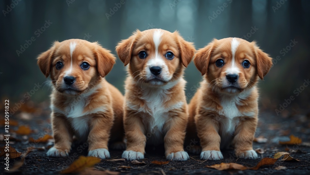 three adorable ginger puppies gaze in astonishment three adorable ginger puppies gaze in astonishment