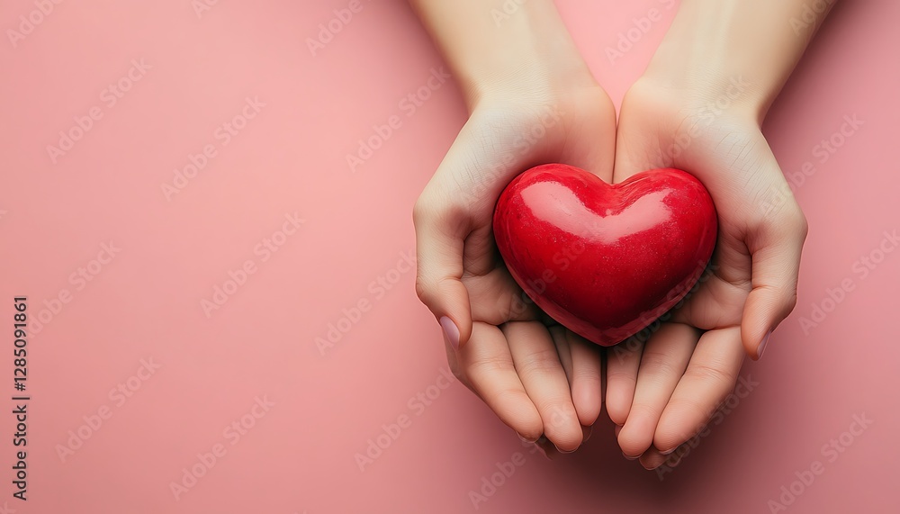 Two hands are cradling a red heart on a pink surface Two hands are cradling a red heart on a pink surface