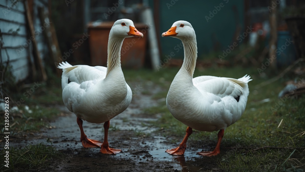Two amusing white geese stroll through a muddy grassy area. Two amusing white geese stroll through a muddy grassy area.