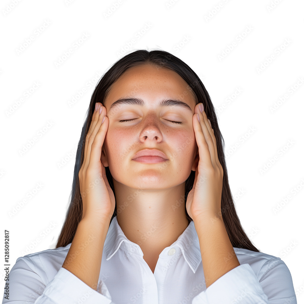 Woman with closed eyes and hands on face expressing calmness, transparent background Woman with closed eyes and hands on face expressing calmness, transparent background