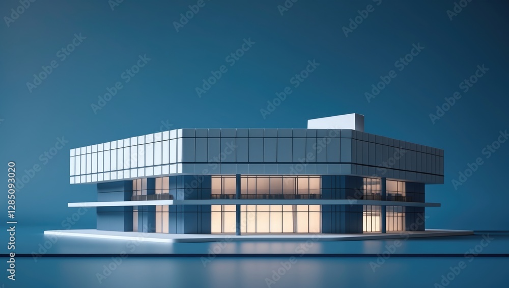 contemporary shopping center. Architectural model of a tall, single-story retail structure set against a blue background. The building features a solid, flat, and lifelike design, representing a pu... contemporary shopping center. Architectural model of a tall, single-story retail structure set against a blue background. The building features a solid, flat, and lifelike design, representing a pu...