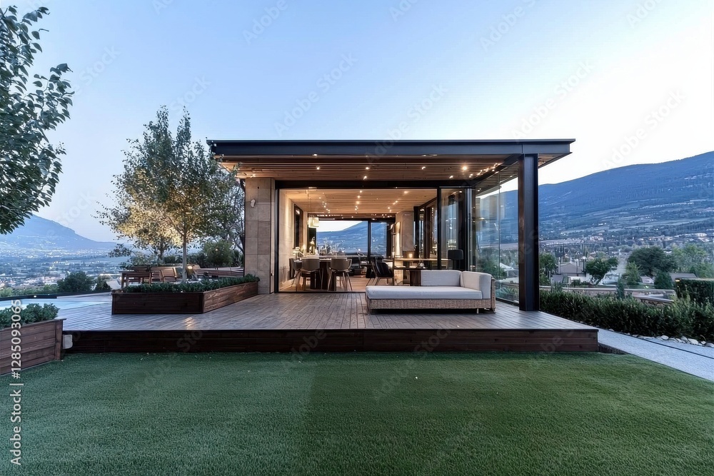 Modern Glass House with Scenic Views at Dusk Modern Glass House with Scenic Views at Dusk