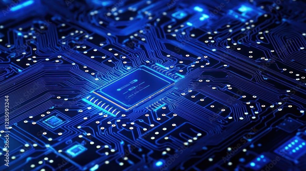 Close-up view of a circuit board with glowing blue integrated circuits and microchips. High-tech digital technology and engineering concept. Close-up view of a circuit board with glowing blue integrated circuits and microchips. High-tech digital technology and engineering concept.