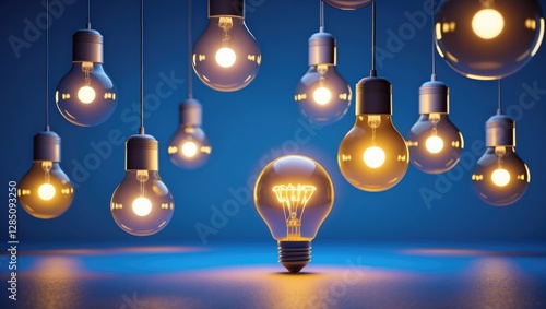 A single lightbulb glowing and rising above other bulbs on a blue backdrop, representing unique, creative thinking and innovation through rendering.