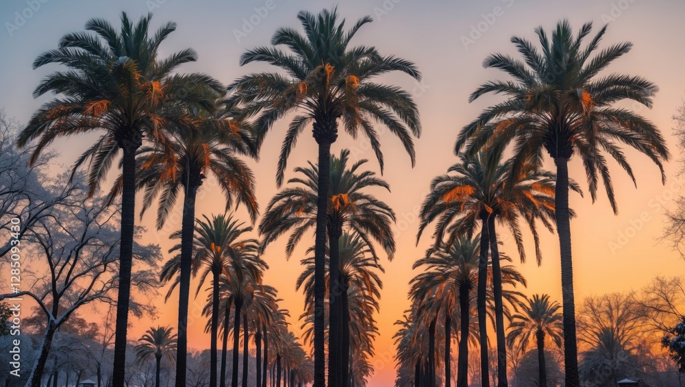 Sunset over palm trees in winter, with leaves dancing in the breeze Sunset over palm trees in winter, with leaves dancing in the breeze