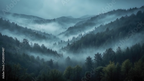 Fototapeta Naklejka Na Ścianę i Meble -  Foggy mountain woodland scenery at dawn in Poland