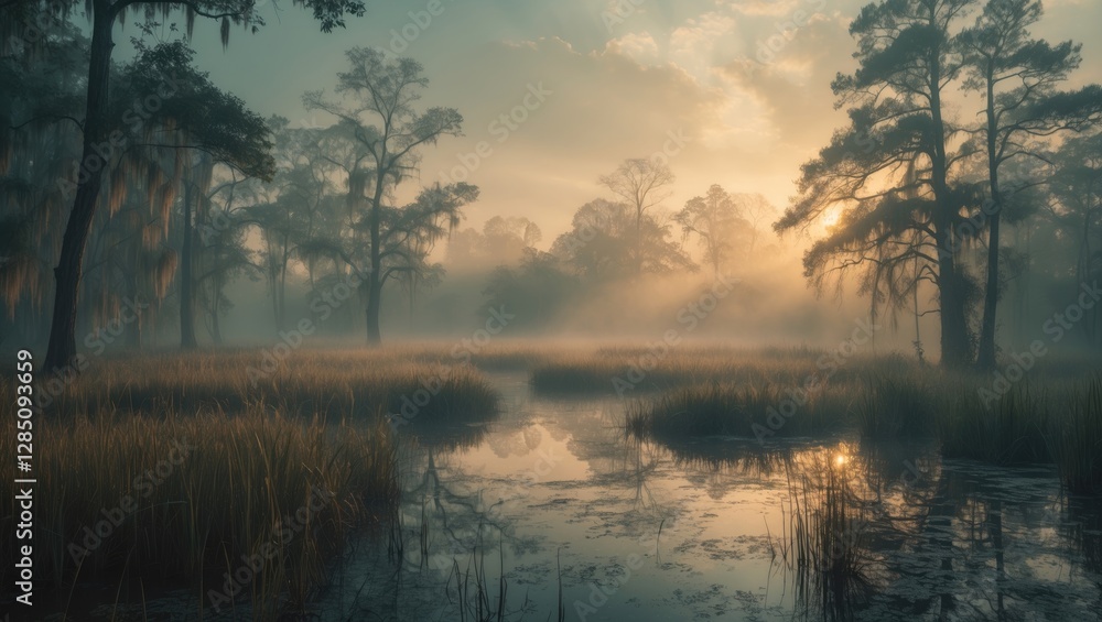 large marshland at dawn surrounded by fog in a retro style large marshland at dawn surrounded by fog in a retro style