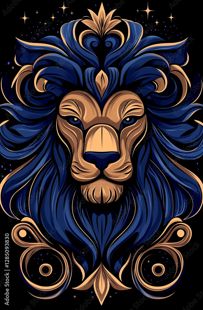 Fototapeta premium Lion with a blue mane and gold trim. The lion has a fierce look on its face