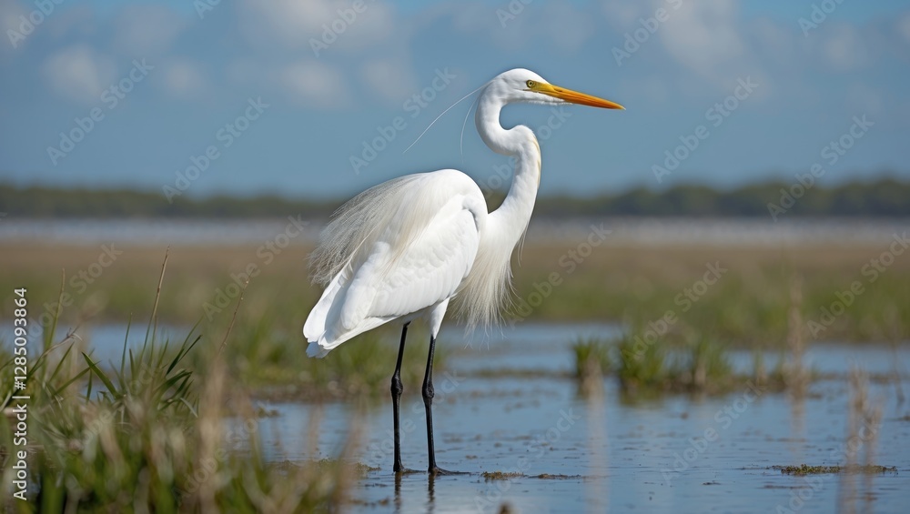 a majestic egret perched in New Jersey's salt marshes a majestic egret perched in New Jersey's salt marshes