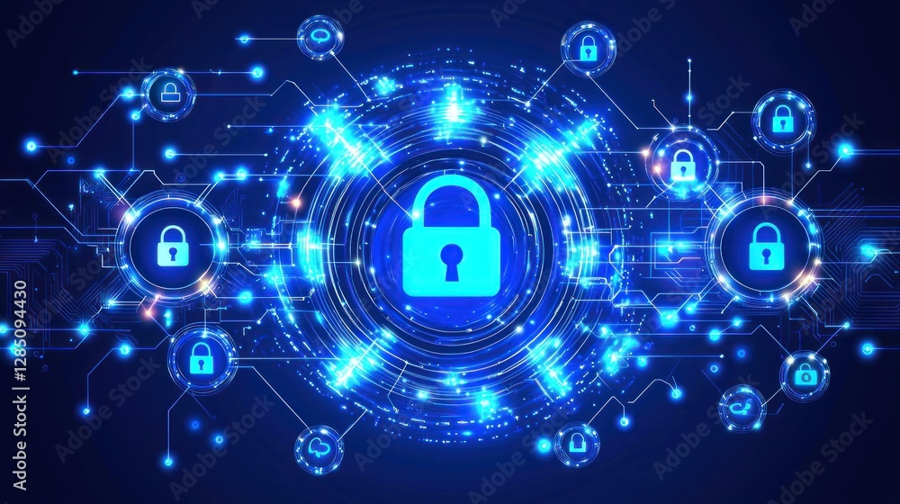 Cybersecurity Network Protection with padlock neon glowing symbols Cybersecurity Network Protection with padlock neon glowing symbols